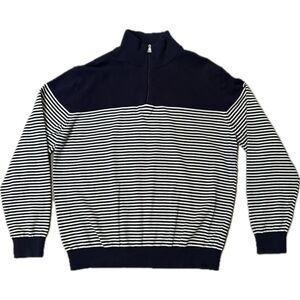 Navy White Striped Quarter Zip Sweater 100% Cotton Preppy Nautical Size L